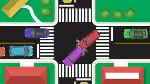 Top view flat cartoon of car vehicle with crash braking emergency accident .. Stock Illustration