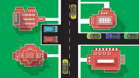 Top view flat cartoon of car vehicle with city high and tall building Ilustração Stock