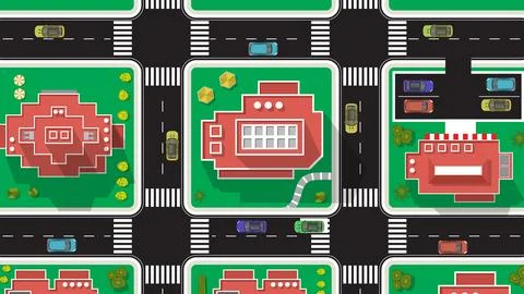 Top view flat cartoon of car vehicle with city high and tall building Ilustração Stock