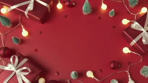 Top view, flat lay. Christmas New Year decor on red background.. Stock Footage 220788129