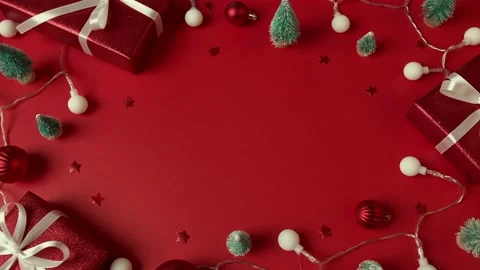 Top view, flat lay. Christmas New Year decor on red background.. Stock Footage 220788132