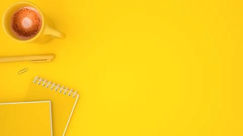 Top view, flat lay with copy space. Notepad and coffee cup on yellow backgr.. Stock Illustration