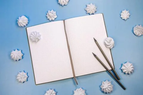 Top view flat lay Frame macarons cookies Opened blank notebook mockup blank p Stock Photos