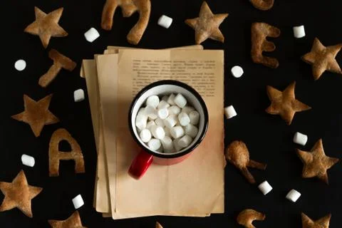 Top view flat lay  ginger cookies shaped like stars and letters merry Christm Stock Photos