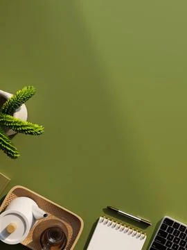 Top view flat lay green desk mockup with keyboard pen teapot and plant 3D r.. Stock Illustration