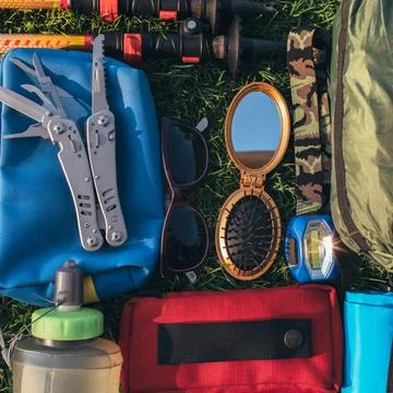 Top view, flat lay hiking equipment 스톡 사진