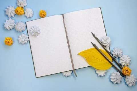 Top view flat lay macarons Opened blank notebook mockup blank pages, dark pen Stock Photos