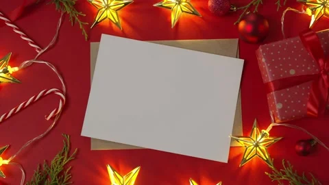 Top view, flat lay. mockup greeting card for Merry Christmas and Happy new ye Stock Footage 221421452