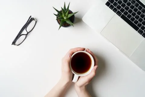 Top view flat lay with notebook and cup of coffee Stock Photos