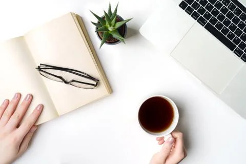 Top view flat lay with notebook and cup of coffee Stock Photos