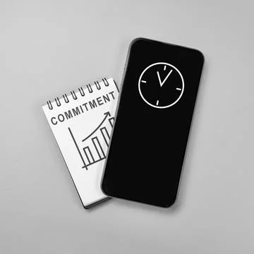 Top view flat lay of a notebook with 'COMMITMENT' and a growth graph under .. Stock Photos