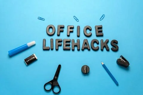 Top view flat lay office supplies and inscription office lifehacks with black Stock Photos