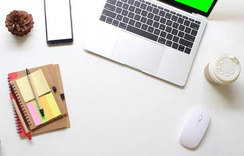Top view flat lay office table desk. workspace with notebook ,paper note, b.. Stock Photos