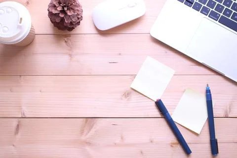 Top view flat lay office table desk. workspace with notebook ,paper note, c.. Stock Photos