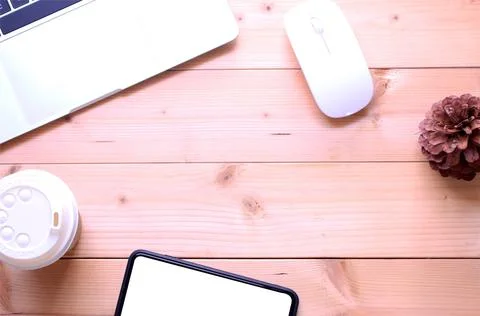 Top view flat lay office table desk. workspace with notebook ,smartphone, c.. Stock Photos