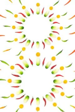 Top view flat lay over cucumbers, cherry tomatoes and peppers on a white digi Stock Photos