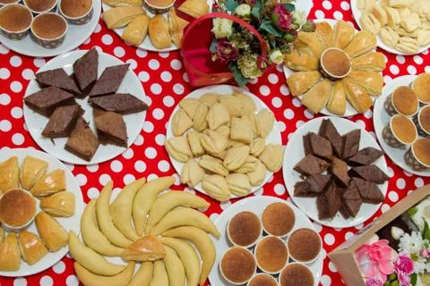 Top view, flat lay, square . A typical Sicilian street food. Banana cake reci Stock Photos