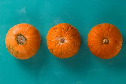 Top view flat lay three pumpkins on a blue background Stock Photos