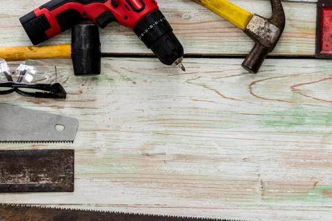 Top view flat lay of tools for handyman Stock Photos