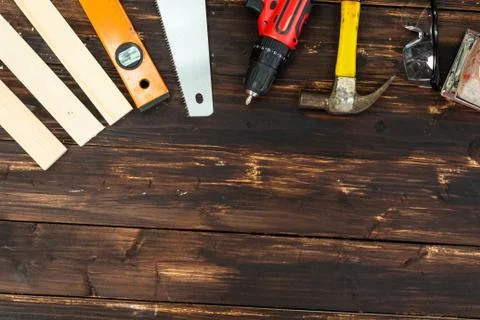 Top view flat lay of tools for handyman Stock Photos