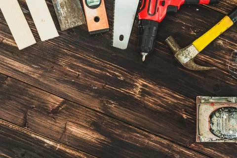 Top view flat lay of tools for handyman Stock Photos