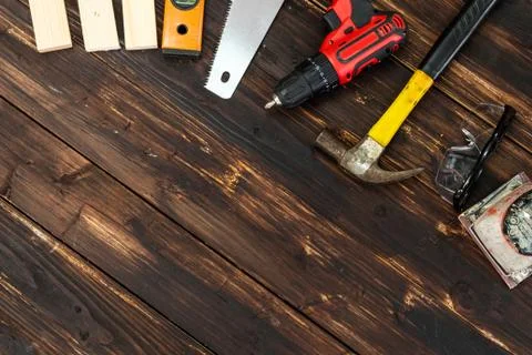 Top view flat lay of tools for handyman Stock Photos