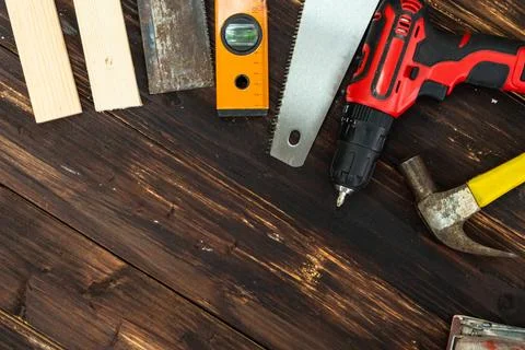 Top view flat lay of tools for handyman Stock Photos