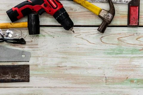 Top view flat lay of tools for handyman Stock Photos