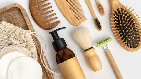 Top view flat lay of zero waste personal hygiene items on a white background. Stock-Fotos