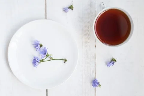 Top view, flat lying. Drink from chicory roots in a cup, a flowering chicory Stock Photos