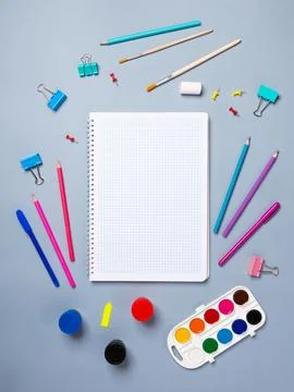 Top view of a flat work desk lies a notebook with blank sheets and stationery Stock Illustration
