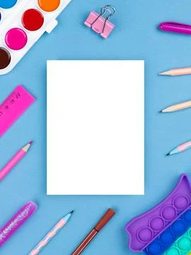 Top view of a flat work desk lies a notebook with blank sheets and stationery Stock Illustration