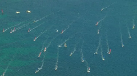 Top view of a fleet of windsurfers sailing Stock Footage 55864166