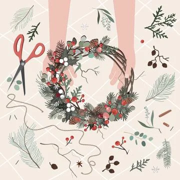 Top view of florist hands making Christmas wreath with fir branches and Stock Illustration
