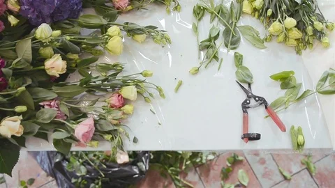 Top view of  Florists Workspace. Hydrangea and Modern Types of Flowers Stock Footage 70986369