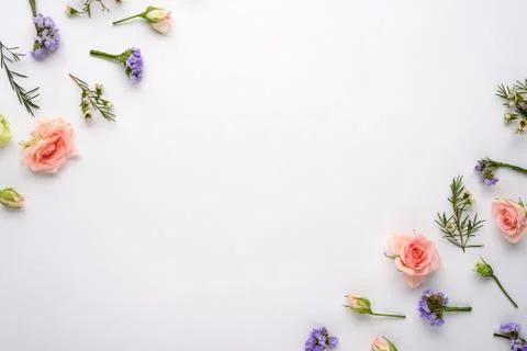 Top view flower composition on white background, pink roses, eustoma, limoniu Stock Photos