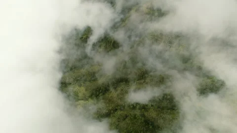 Top view of fly above soaring through billowing clouds on green valley Stock Footage 269120219