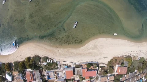 Top View flying over the seashore and the Armona Island. Drone shot Stock Footage 106837760