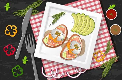 Top view food, egg benedict and placemat on black table Stock Illustration