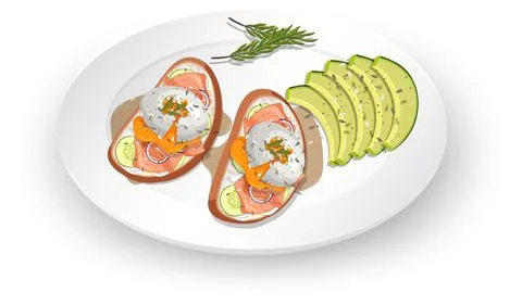 Top view food, egg benedict and avocado on white background Stock Illustration