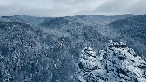 Top view of forest river in winter. Concept of winter tourism. Stock Photos
