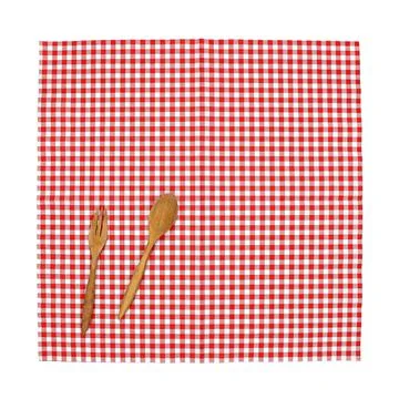 Top view fork and spoon on tablecloth for food serving background Stock Photos