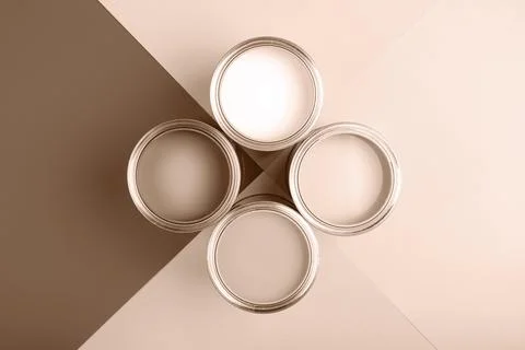 Top view of four paint cans with Mocha and Mousse inspiration Stock Photos