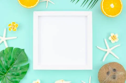 Top view frame with copy space, at blue mint background. Travel mockup concept Stock Photos