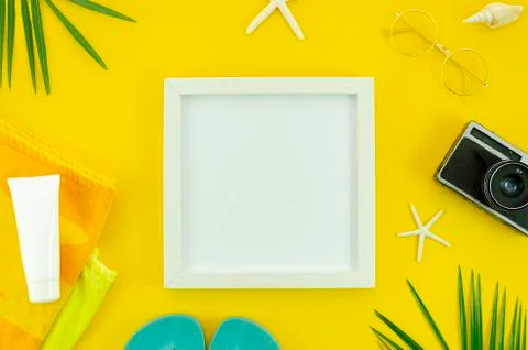 Top view frame with copy space for mockup. Beach concept flat lay with towel Stock Photos