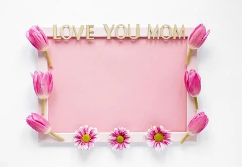 Top view frame decorated with tulips Foto stock