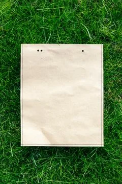 Top view of frame made of green spring grass and paper craft packaging with copy Stock Photos
