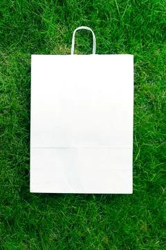 Top view of a frame made of green spring grass and paper craft packaging with Stock Photos