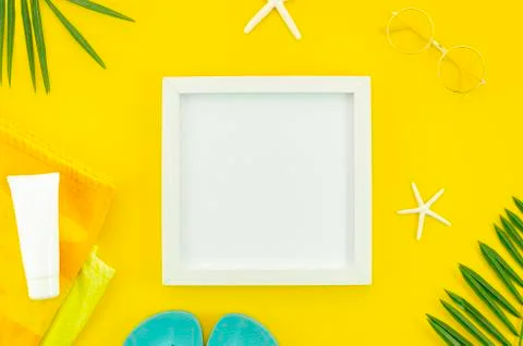 Top view frame mockup with copy space for your text. Beach concept flat lay with Stock Photos