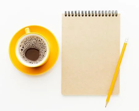 Top view frame with notebook coffee. High quality and resolution beautiful .. Stock Photos